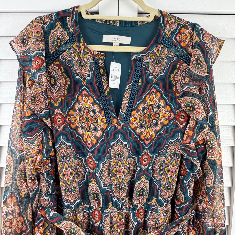 LOFT Midi Dress XL Teal Medallion Print Ruffle Split Neck Long Sleeve NEW - Picture 2 of 16